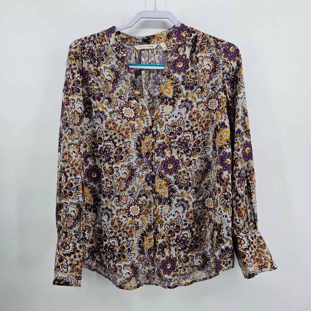Soft Surroundings Via Alpina Blouse S Purple Paisley Metallic Button Front